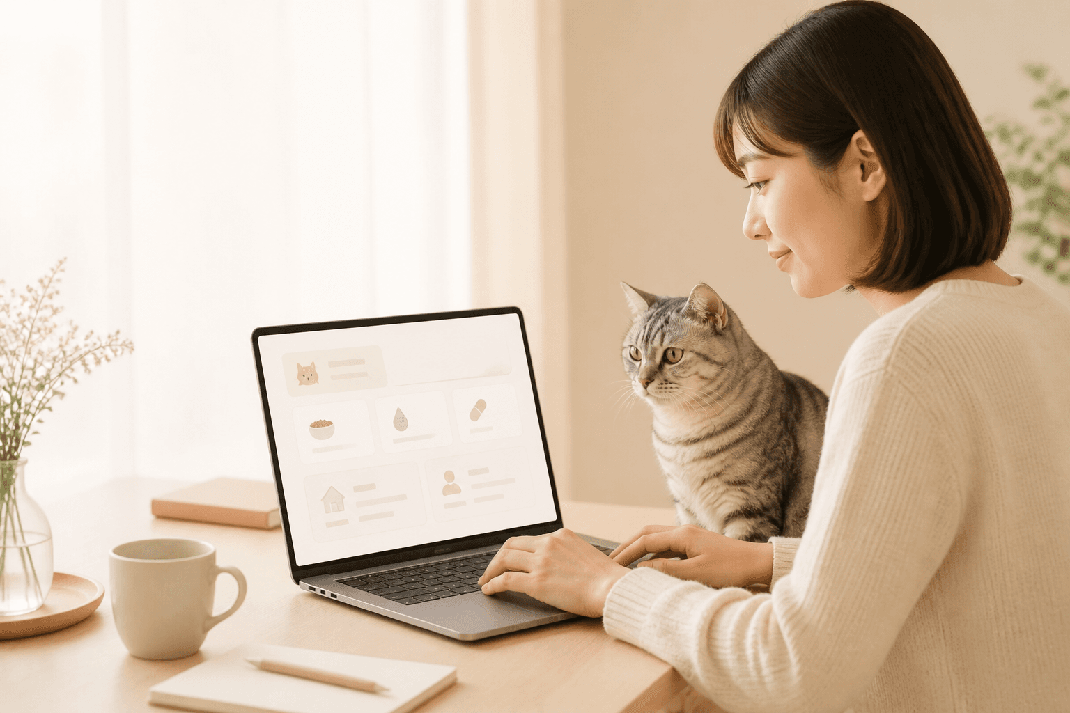 飼い主が猫と一緒にデスクトップパソコンで基本情報、お世話情報、頼れる人を登録している暖かな写真調の場面