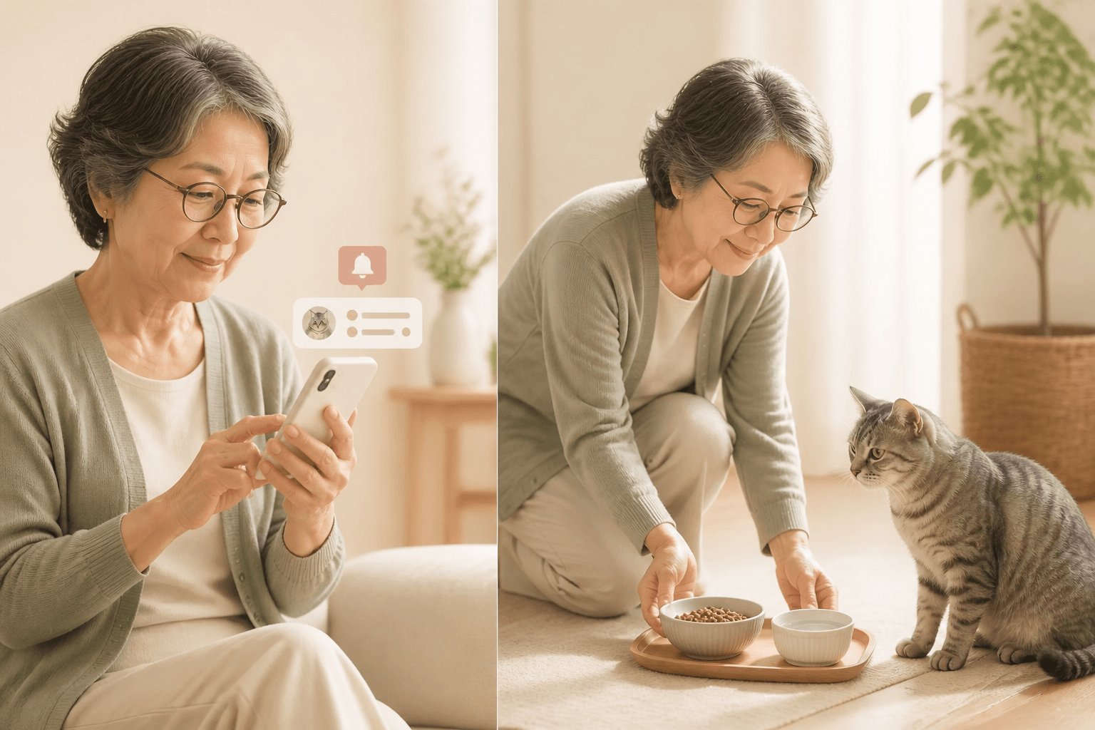 飼い主とは別の年上の頼れる人が通知を受け、限定された猫のお世話情報を確認してごはんを用意し支援へ向かう写真調の場面