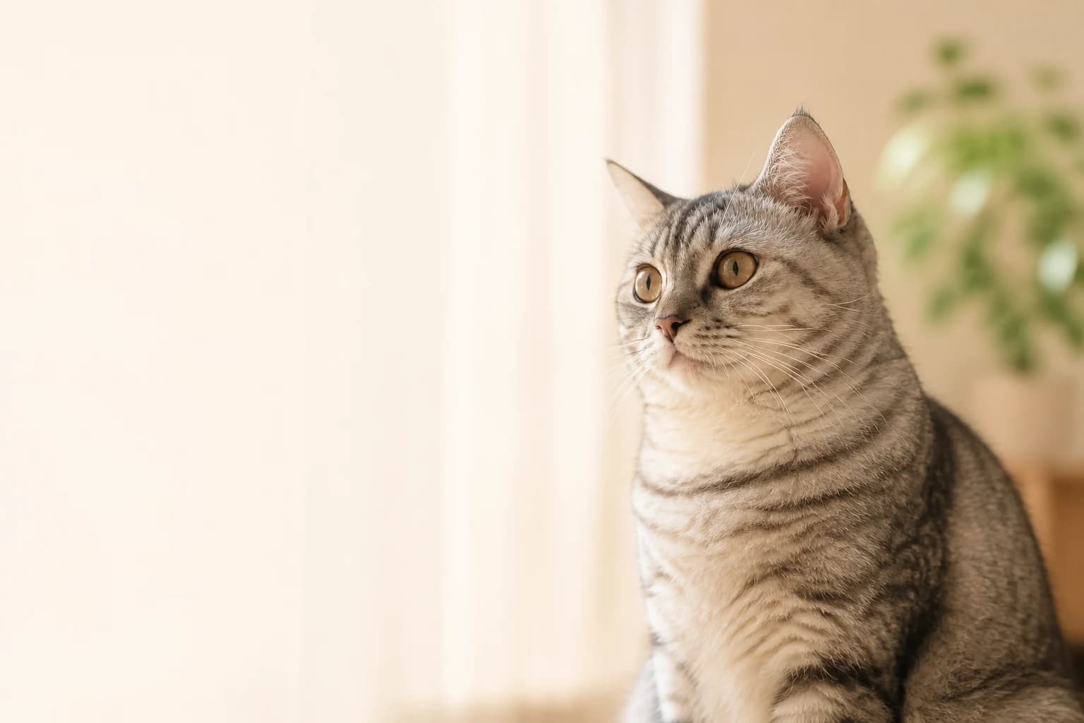 温かな部屋で窓辺を見つめるグレーの縞模様の猫